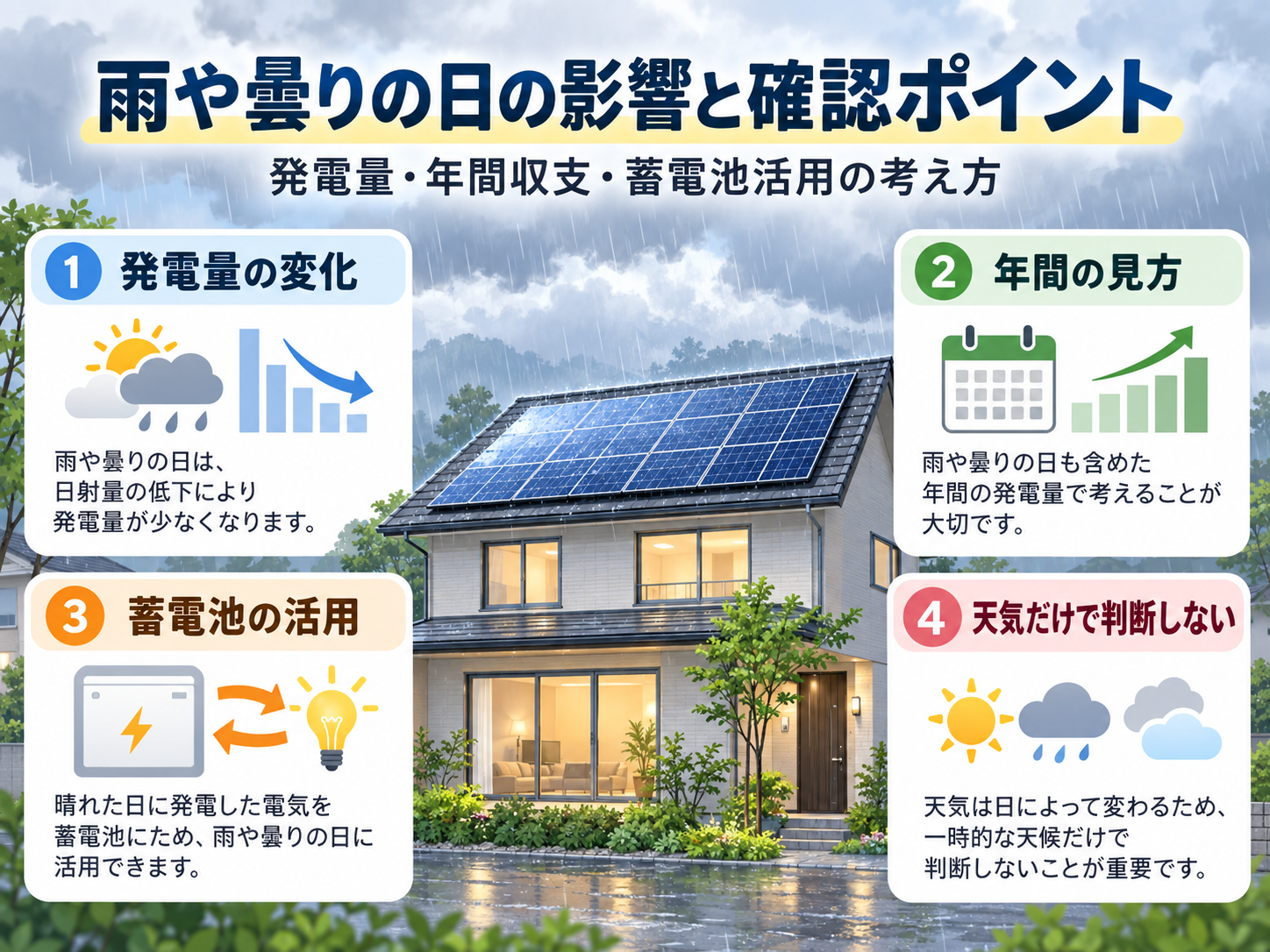 太陽光発電は曇り・雨の日も発電する？天候別の発電量・年間収支への影響を解説の解説画像2