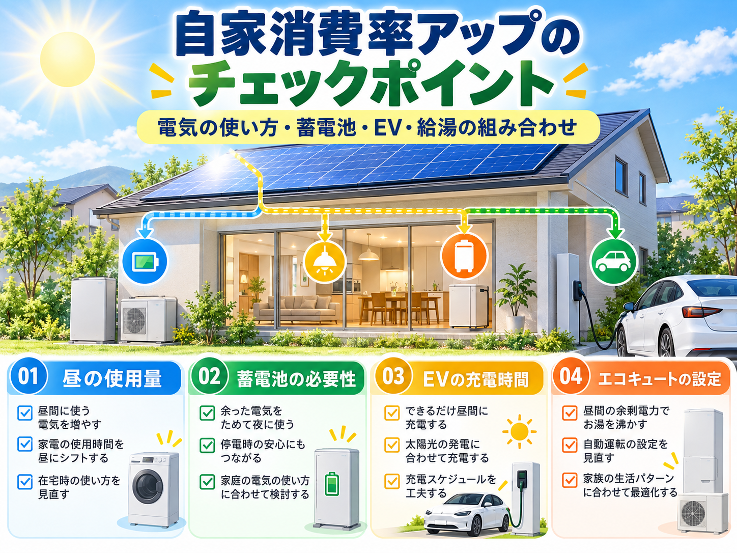 太陽光発電の自家消費率を高める方法|蓄電池・EV・エコキュート活用と節約効果の解説画像2