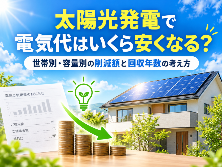 太陽光発電で電気代はいくら安くなる？世帯別・容量別の削減額と回収年数を試算のアイキャッチ画像