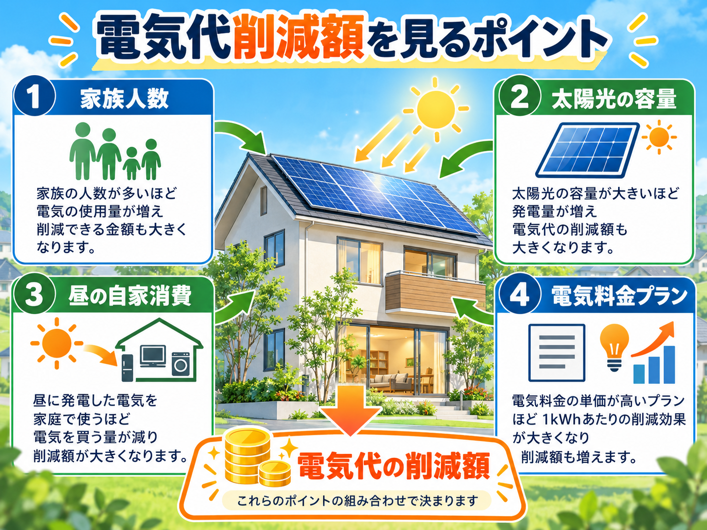 太陽光発電で電気代はいくら安くなる?世帯別・容量別の削減額と回収年数を試算の解説画像1