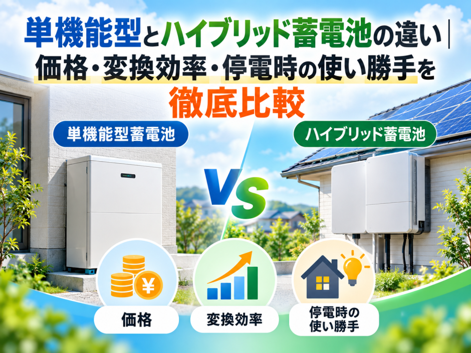 単機能型とハイブリッド蓄電池の違い｜価格・変換効率・停電時の使い勝手を徹底比較のアイキャッチ画像