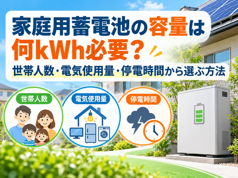 家庭用蓄電池の容量は何kWh必要？世帯人数・電気使用量・停電時間から選ぶ方法のアイキャッチ画像