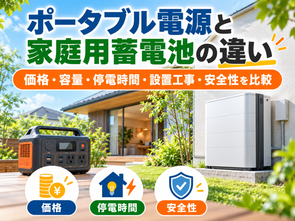 ポータブル電源と家庭用蓄電池の違い｜価格・容量・停電時間・設置工事・安全性を比較のアイキャッチ画像