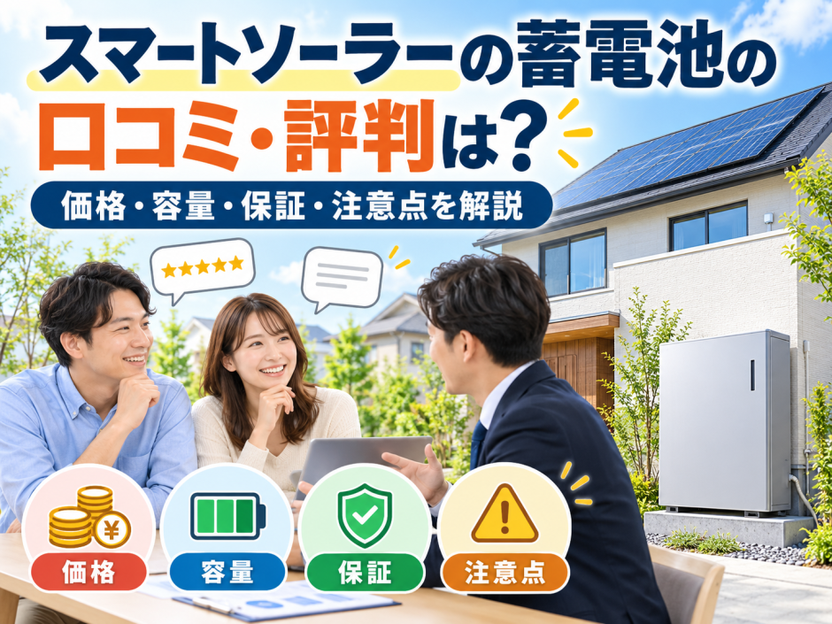 【2026年最新】スマートソーラーの蓄電池の口コミ・評判は？価格・容量・保証・注意点を解説のアイキャッチ画像
