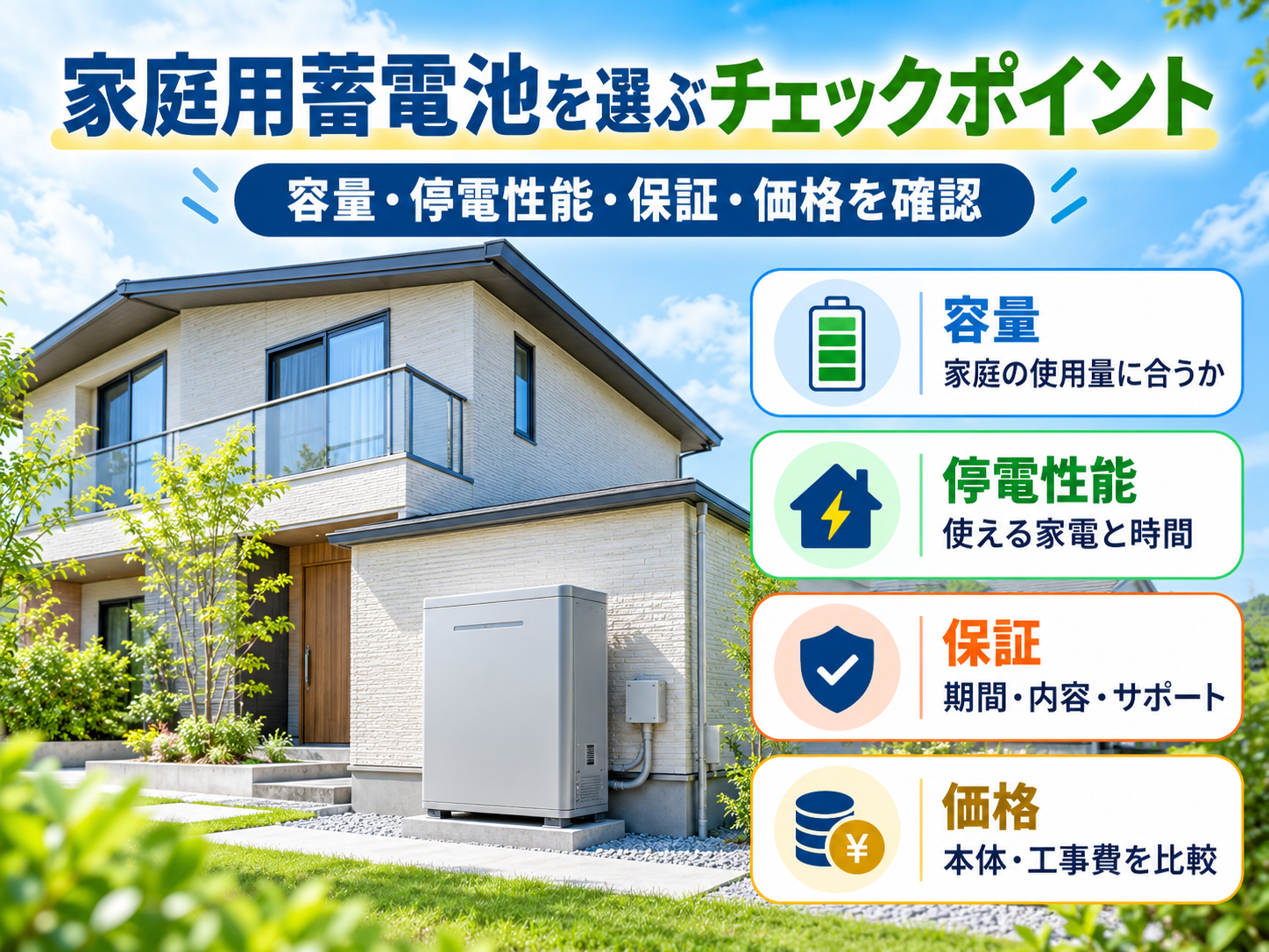 【2026年最新】家庭用蓄電池おすすめ10選｜価格・容量・停電性能・保証で人気メーカーを徹底比較の解説画像2