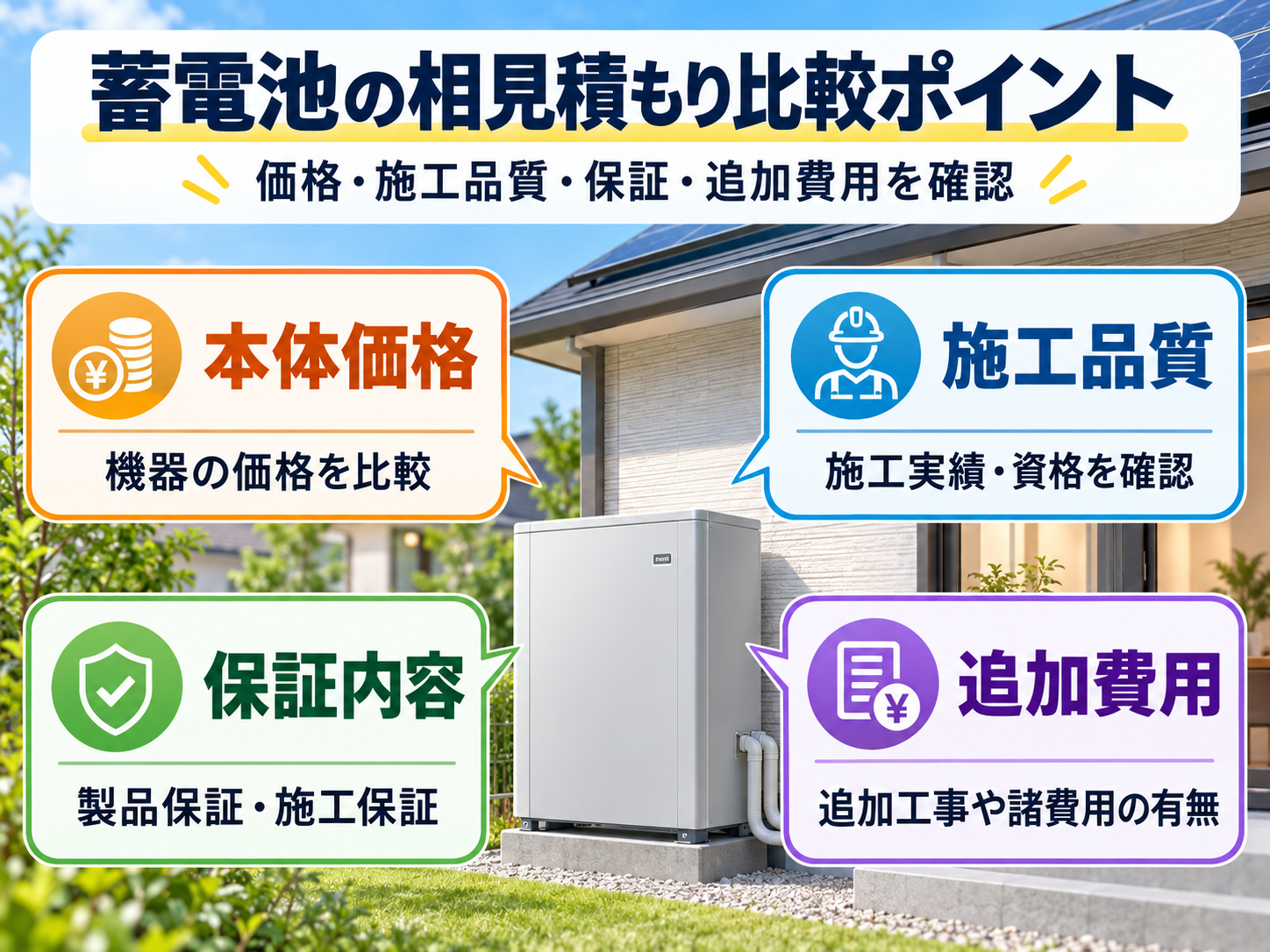【2026年版】蓄電池の相見積もりは何社必要?価格・工事・保証・見積書の比較ポイントを解説の解説画像1