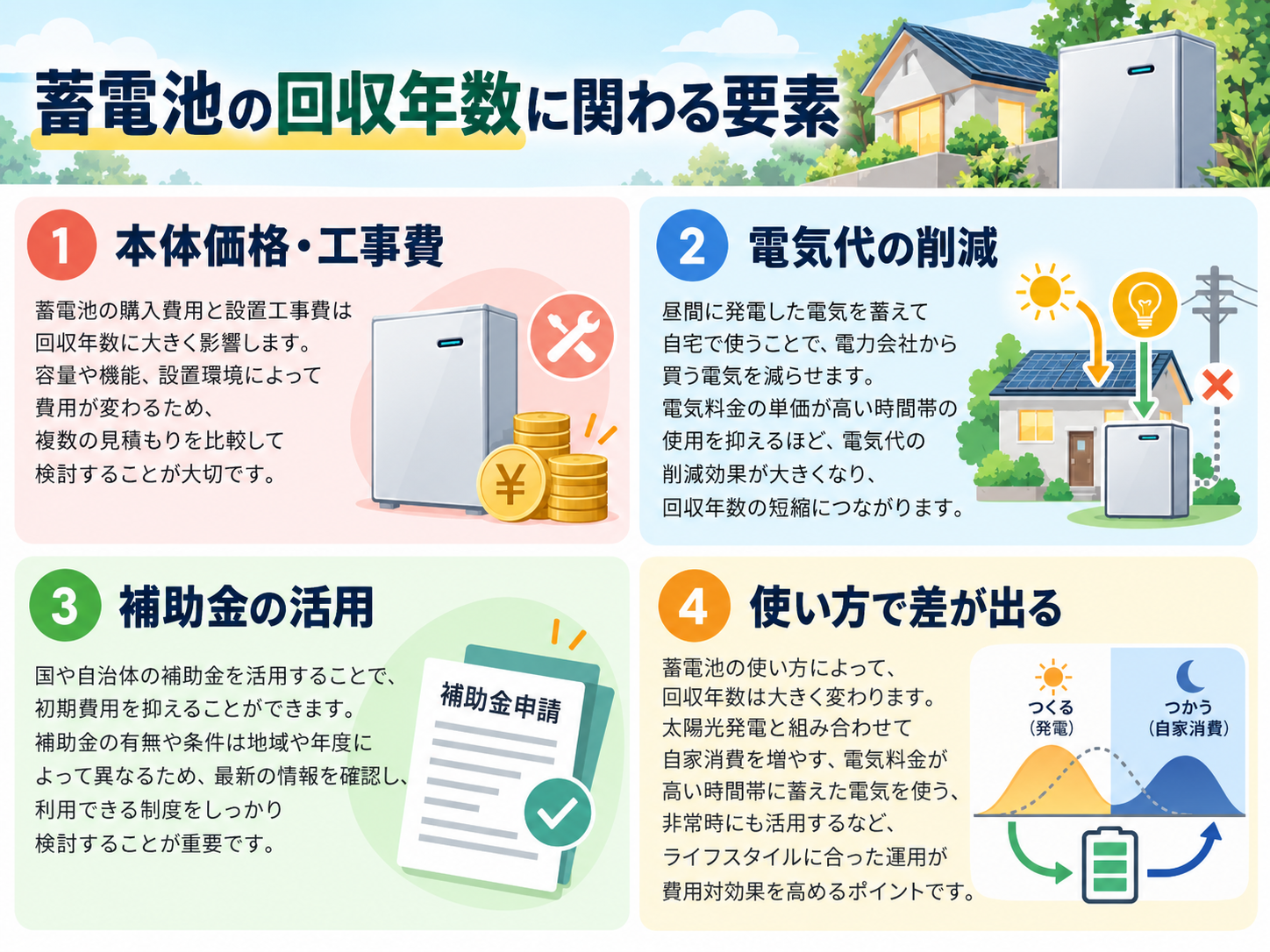 蓄電池は何年で元が取れる？価格・電気代・補助金から回収年数と費用対効果を計算【2026年】の解説画像1