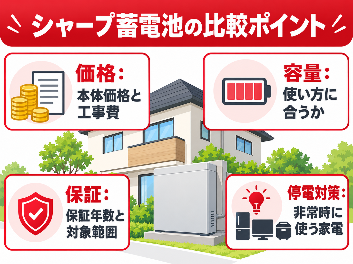 【2026年最新】シャープの家庭用蓄電池はおすすめ?価格・容量・保証・評判を徹底比較の解説画像1