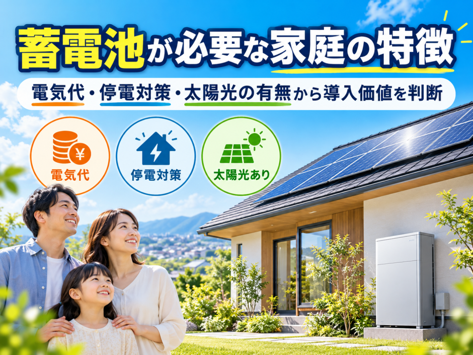 蓄電池が必要な家庭の特徴｜電気代・停電対策・太陽光の有無から導入価値を判断のアイキャッチ画像