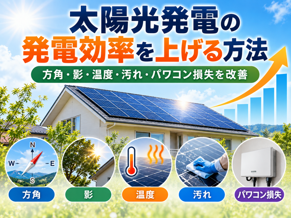 太陽光発電の発電効率を上げる方法｜方角・影・温度・パネル汚れ・パワコン損失を改善のアイキャッチ画像
