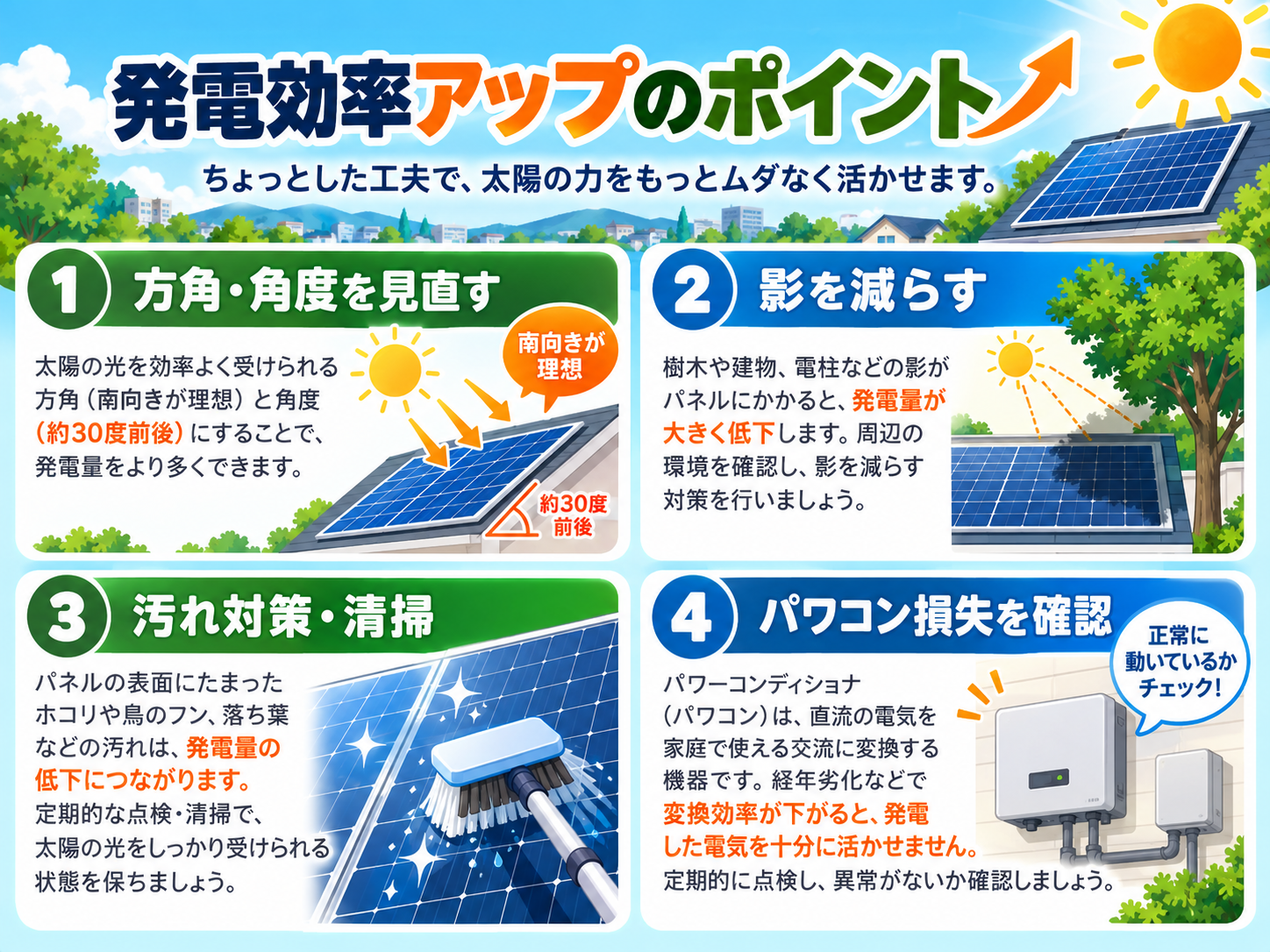 太陽光発電の発電効率を上げる方法｜方角・影・温度・パネル汚れ・パワコン損失を改善の解説画像1