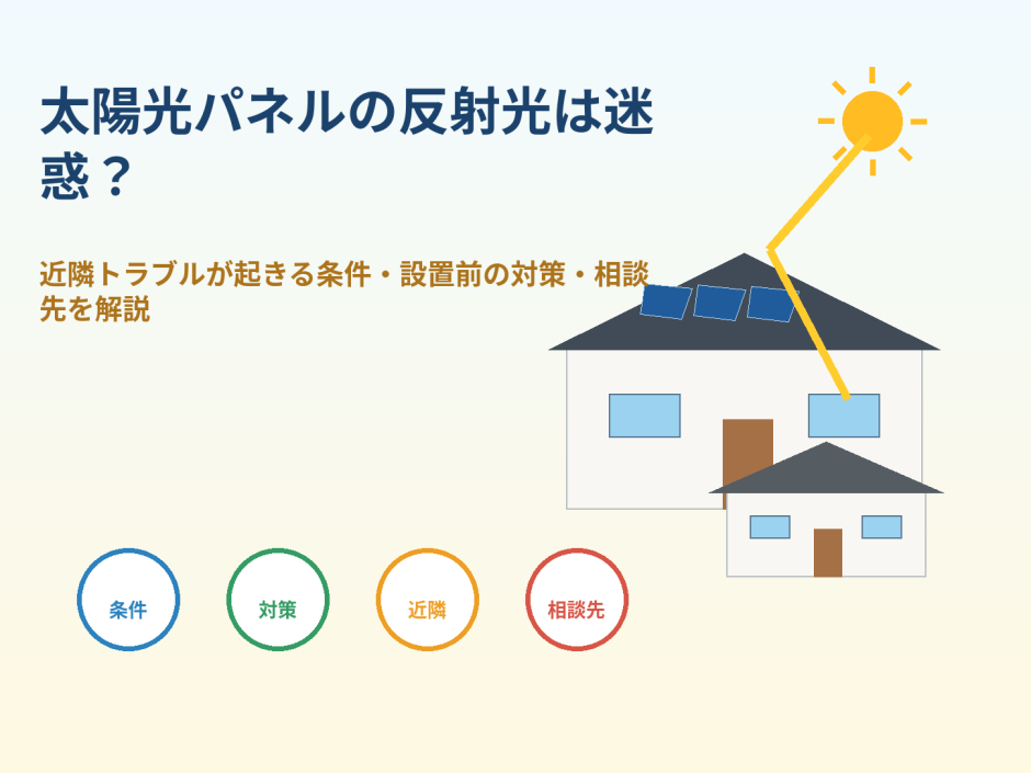 太陽光パネルの反射光は迷惑？近隣トラブルが起きる条件・設置前の対策・相談先を解説のアイキャッチ画像