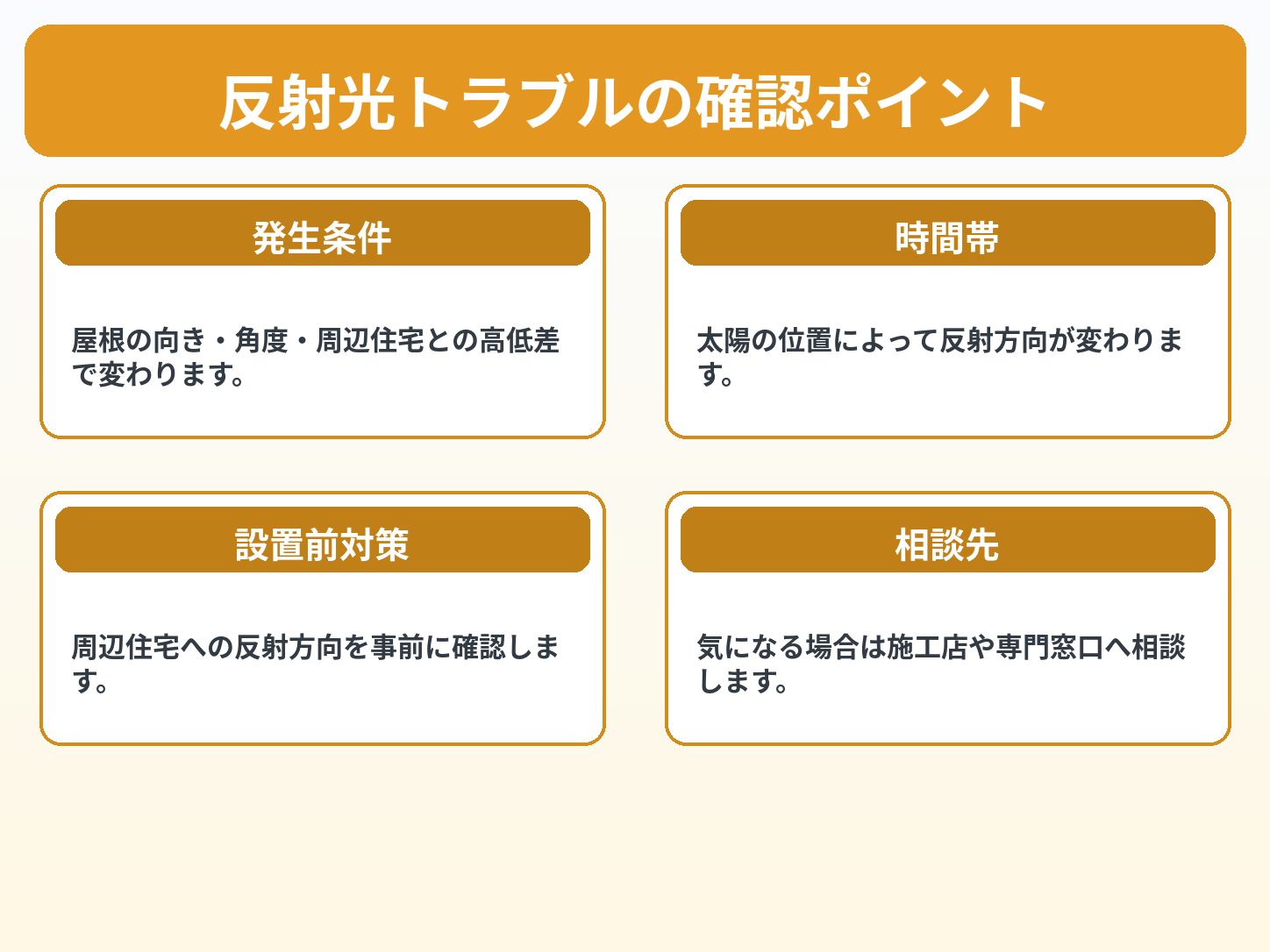 太陽光パネルの反射光は迷惑？近隣トラブルが起きる条件・設置前の対策・相談先を解説の解説画像1