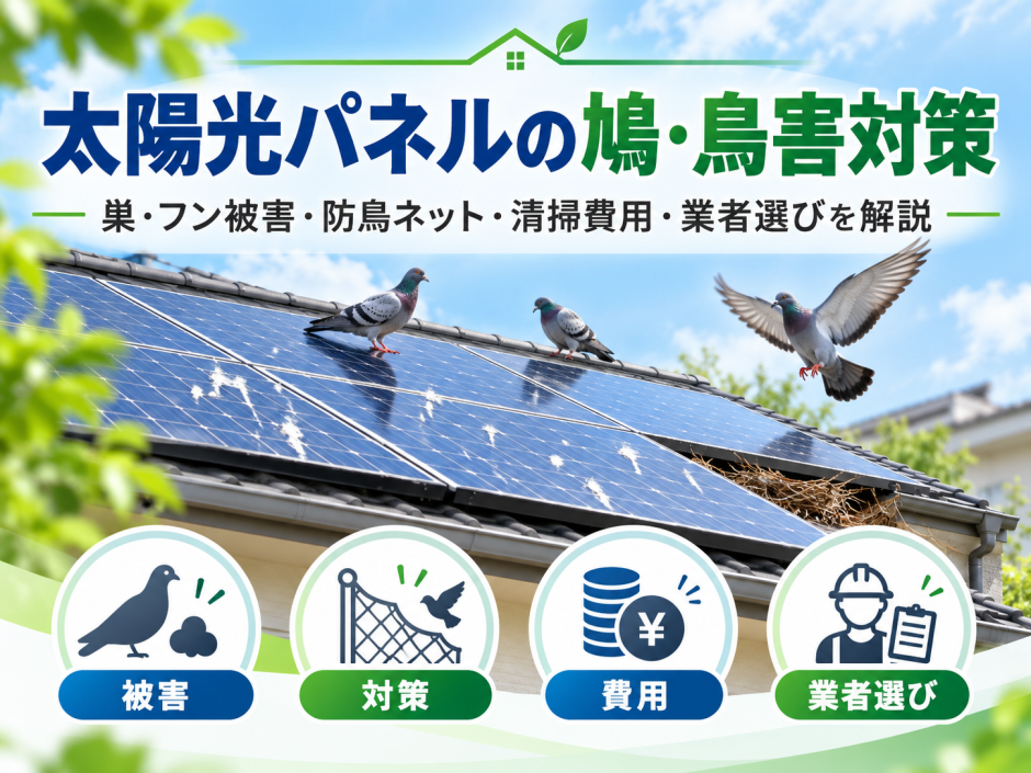 太陽光パネルの鳩・鳥害対策｜巣・フン被害・防鳥ネット・清掃費用・業者選びを解説のアイキャッチ画像