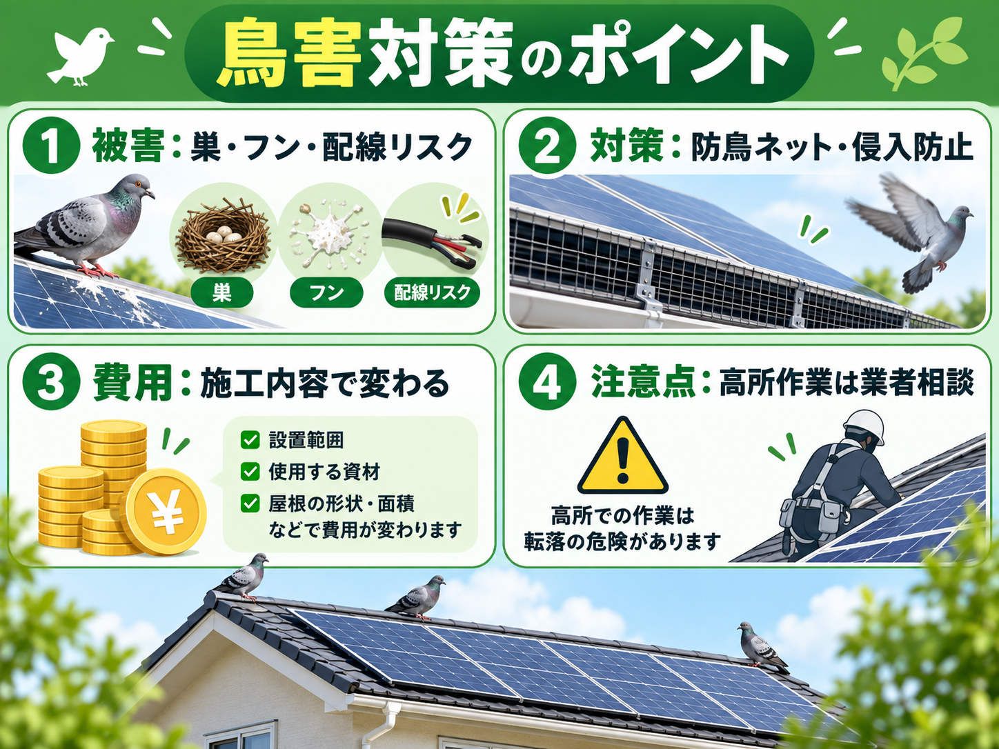 太陽光パネルの鳩・鳥害対策｜巣・フン被害・防鳥ネット・清掃費用・業者選びを解説の解説画像1