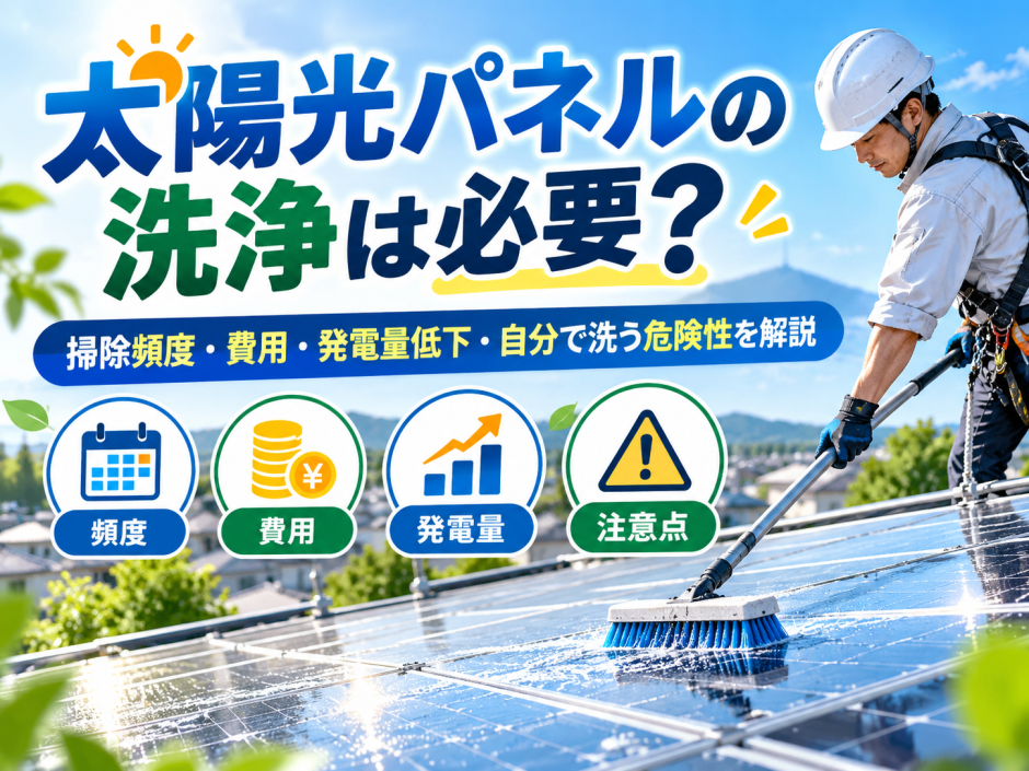 太陽光パネルの洗浄は必要？掃除頻度・費用・発電量低下・自分で洗う危険性を解説のアイキャッチ画像