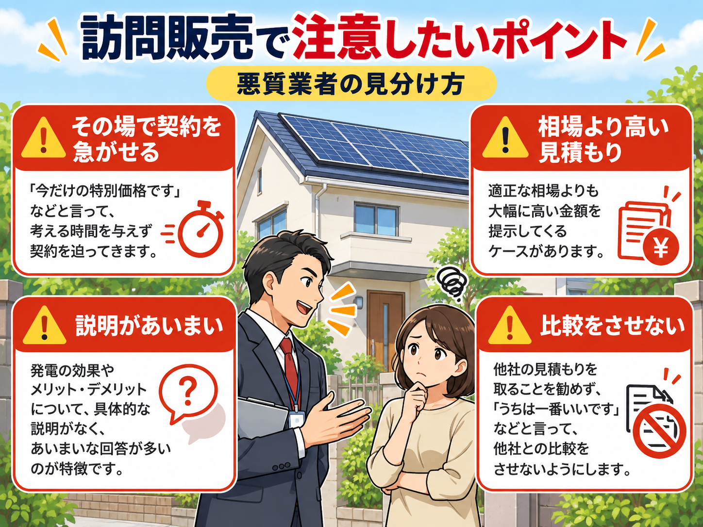 【2026年版】太陽光発電の訪問販売は危険？悪質業者の見分け方・クーリングオフ・断り方の解説画像1