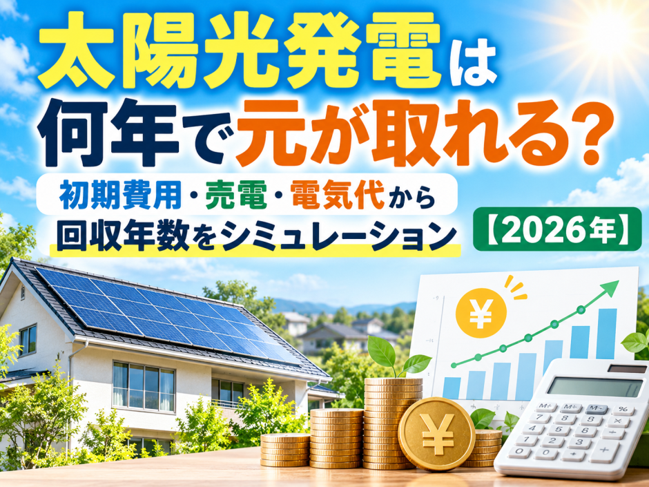 太陽光発電は何年で元が取れる？初期費用・売電・電気代から回収年数をシミュレーション【2026年】のアイキャッチ画像