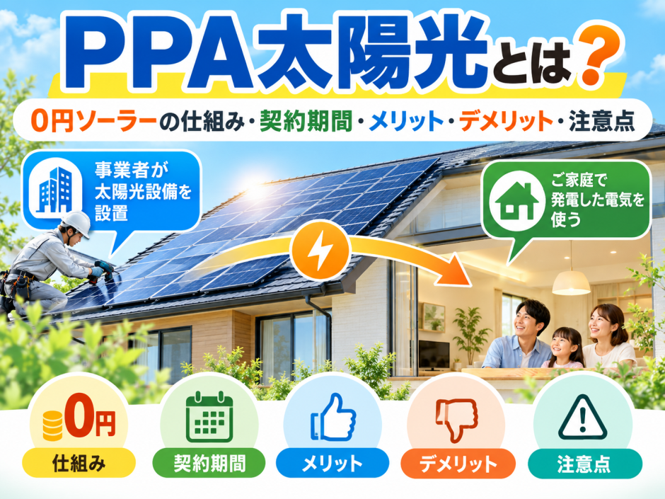 PPA太陽光とは？0円ソーラーの仕組み・契約期間・メリット・デメリット・注意点を徹底解説のアイキャッチ画像